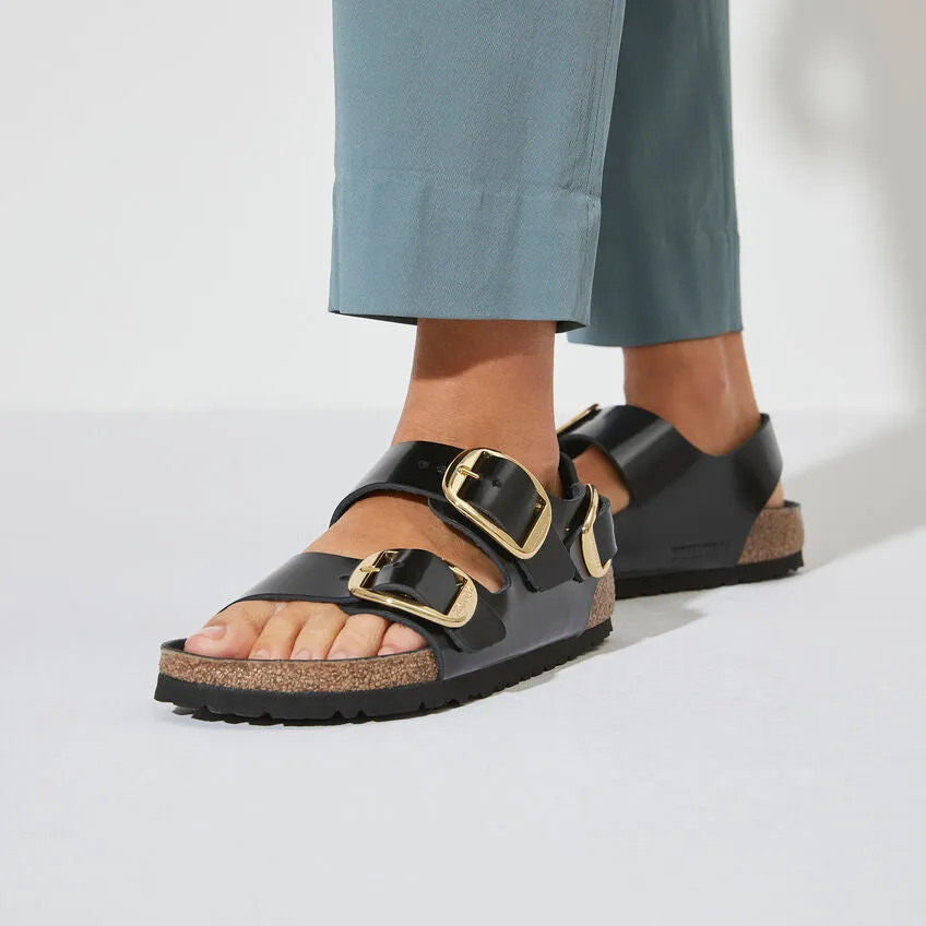 BIRKENSTOCK Milano Big Buckle High Shine Black Leather Patent Slides