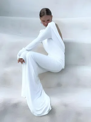 Chic Backless White Long Sleeve Dress For Women Slim Fit Pleated Elegant Round Neck Long Dresses Female Evening Gowns