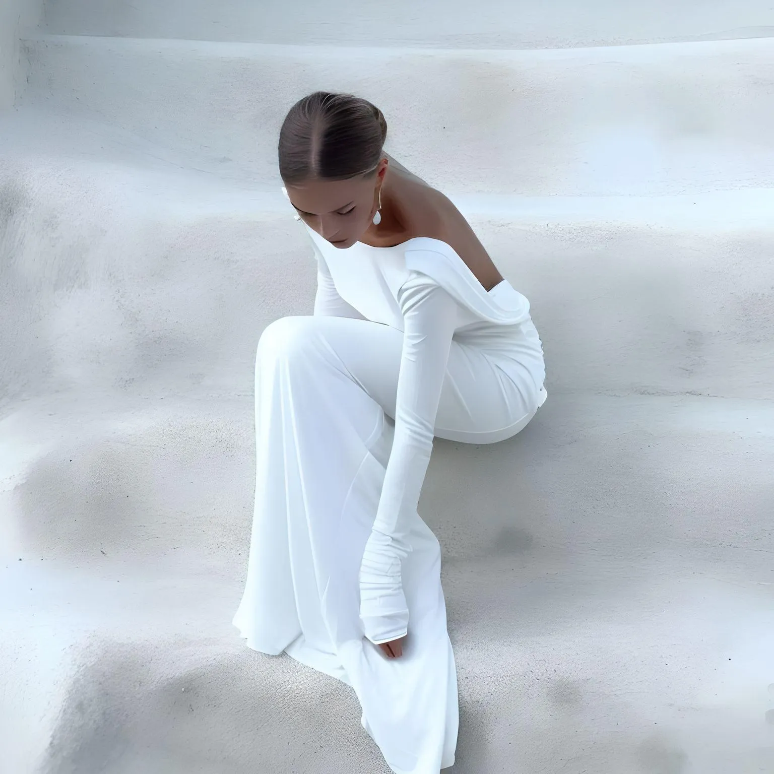 Chic Backless White Long Sleeve Dress For Women Slim Fit Pleated Elegant Round Neck Long Dresses Female Evening Gowns