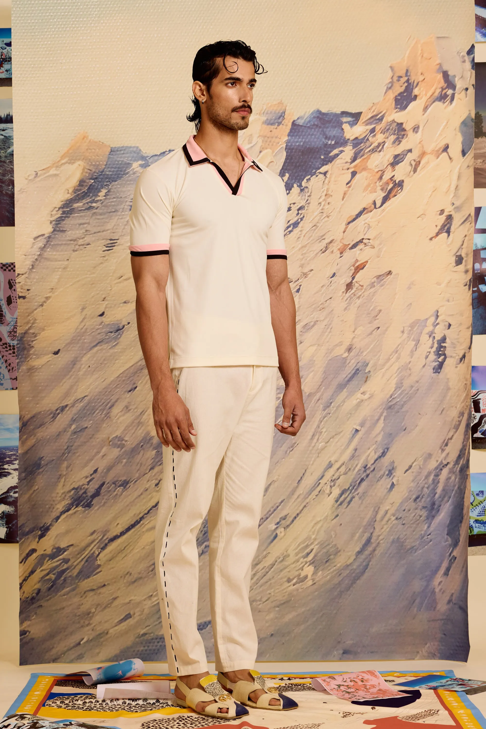 Ivory Contrast Striped Polo