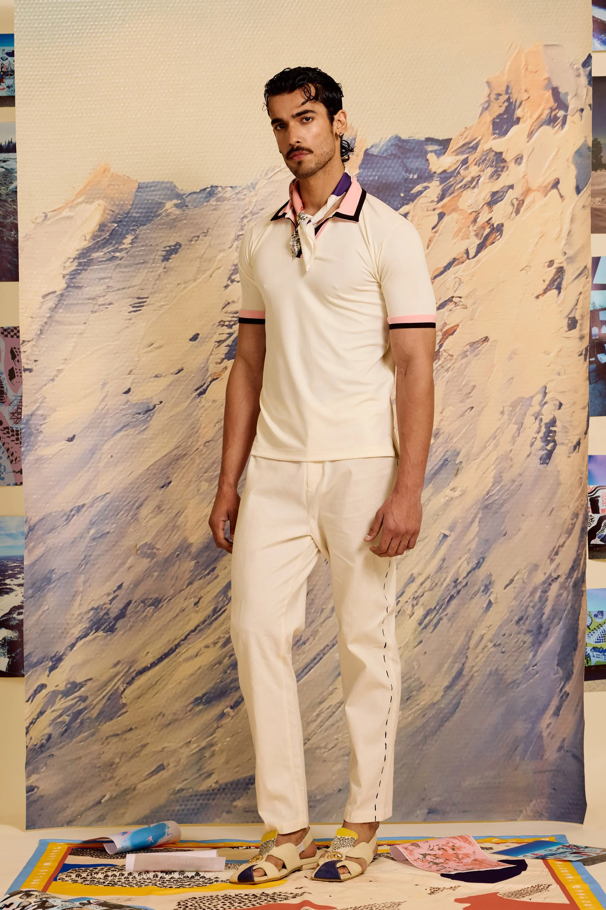 Ivory Contrast Striped Polo