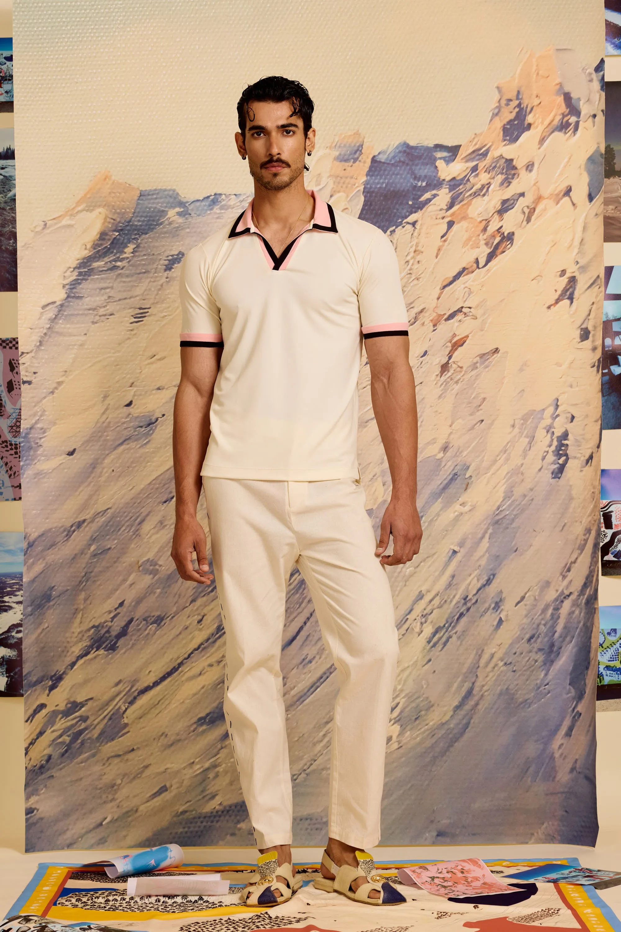 Ivory Contrast Striped Polo