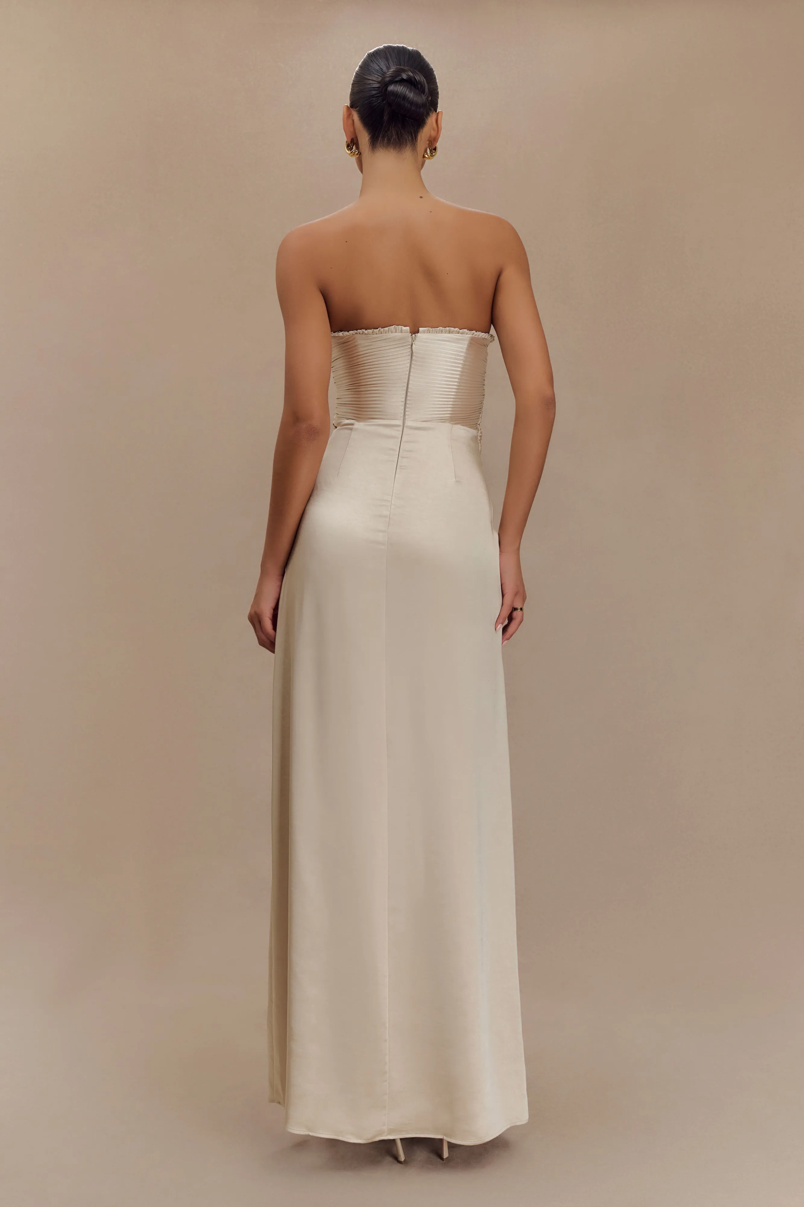 Larissa Satin Maxi Dress With Ruched Petals - Champagne
