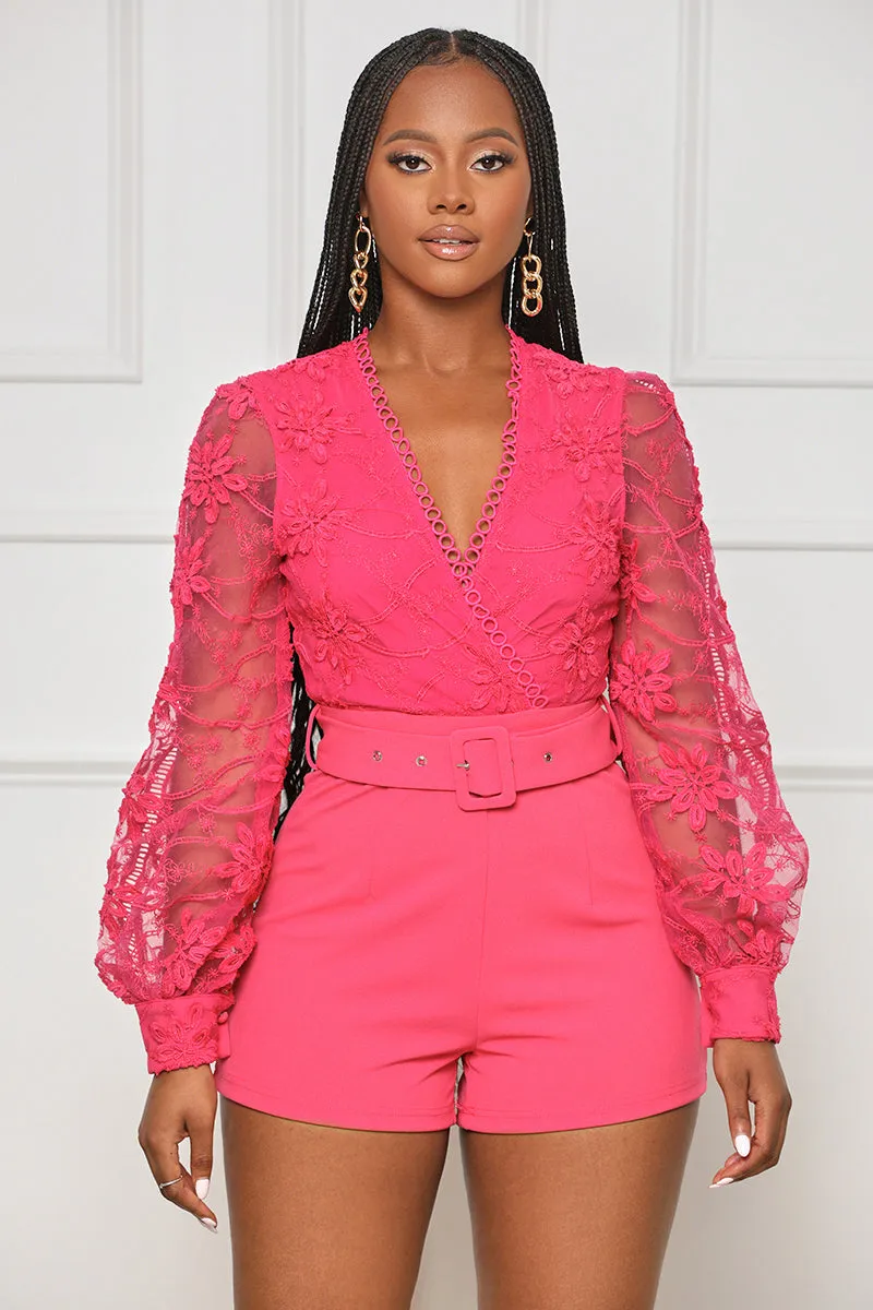Love In Lace Belted Romper (Pink)- FINAL SALE