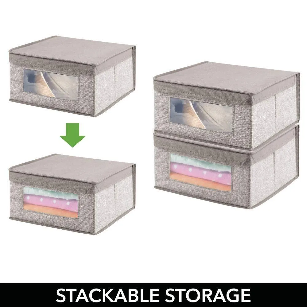 mDesign Soft Stackable Fabric Closet Storage Organizer Holder Bin with Clear Window, Attached Hinged Lid - for Bedroom, Hallway, Entryway, Bathroom - Textured Print - Medium, 6 Pack - Linen/Tan