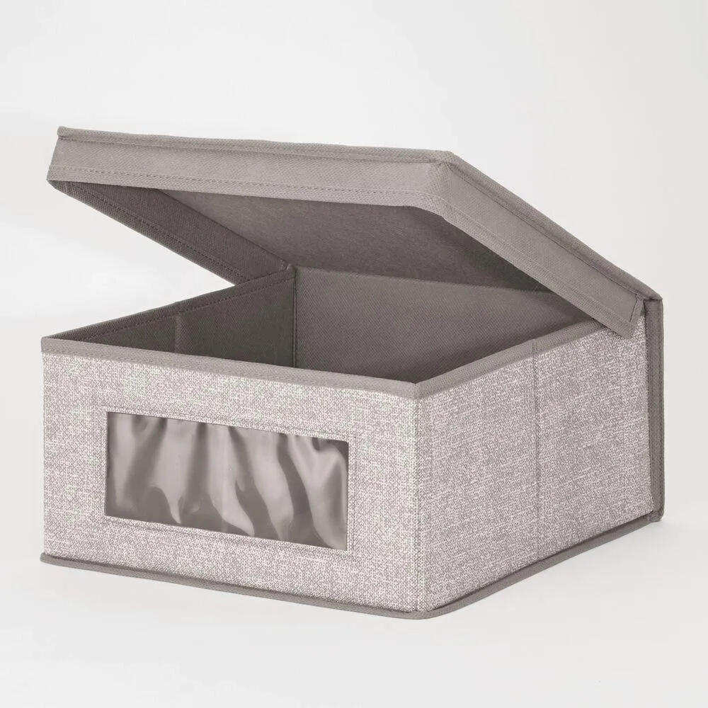 mDesign Soft Stackable Fabric Closet Storage Organizer Holder Bin with Clear Window, Attached Hinged Lid - for Bedroom, Hallway, Entryway, Bathroom - Textured Print - Medium, 6 Pack - Linen/Tan