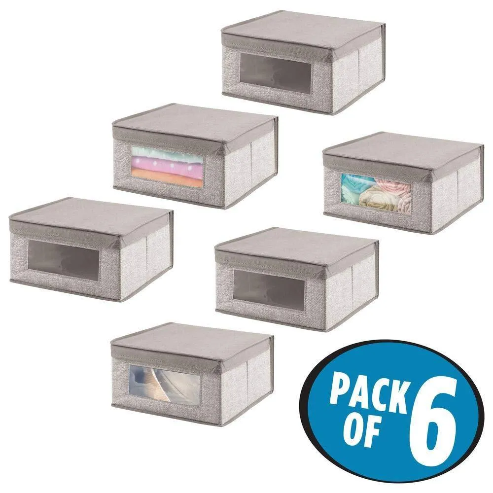 mDesign Soft Stackable Fabric Closet Storage Organizer Holder Bin with Clear Window, Attached Hinged Lid - for Bedroom, Hallway, Entryway, Bathroom - Textured Print - Medium, 6 Pack - Linen/Tan