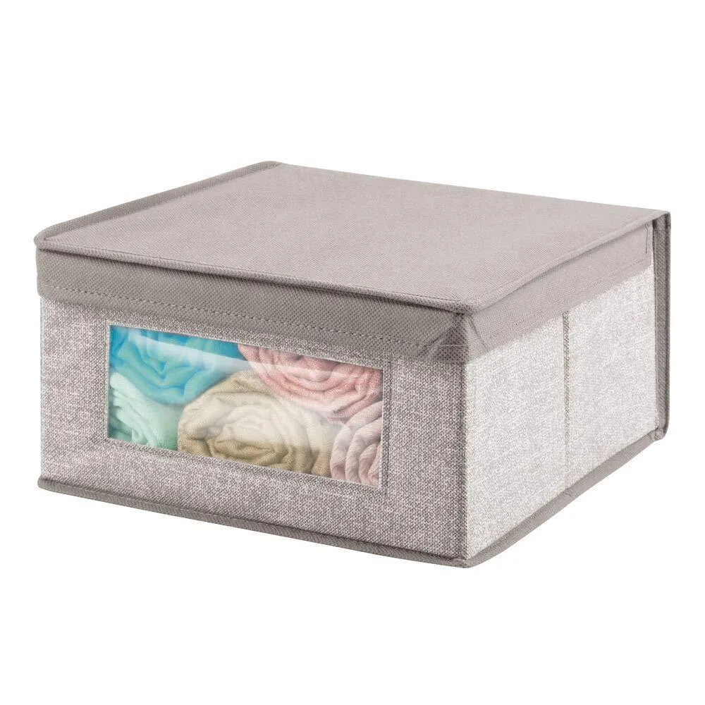 mDesign Soft Stackable Fabric Closet Storage Organizer Holder Bin with Clear Window, Attached Hinged Lid - for Bedroom, Hallway, Entryway, Bathroom - Textured Print - Medium, 6 Pack - Linen/Tan