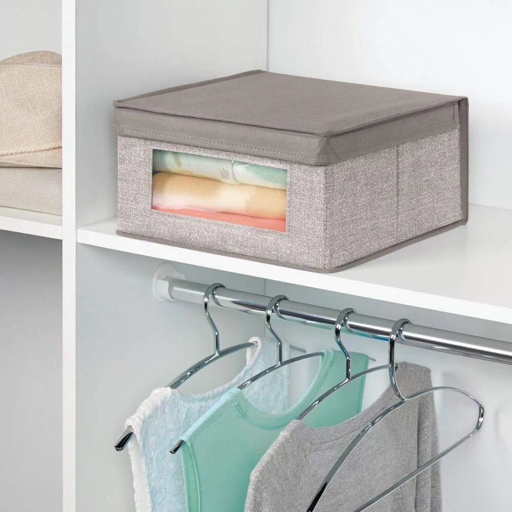 mDesign Soft Stackable Fabric Closet Storage Organizer Holder Bin with Clear Window, Attached Hinged Lid - for Bedroom, Hallway, Entryway, Bathroom - Textured Print - Medium, 6 Pack - Linen/Tan