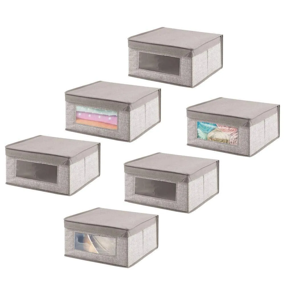 mDesign Soft Stackable Fabric Closet Storage Organizer Holder Bin with Clear Window, Attached Hinged Lid - for Bedroom, Hallway, Entryway, Bathroom - Textured Print - Medium, 6 Pack - Linen/Tan