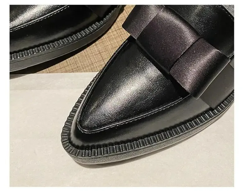 Retro Bowknot oxfords woman flats slip on thick heels loafers british pointed toe small leather shoes women plus size 42