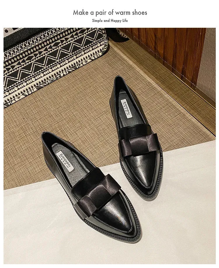 Retro Bowknot oxfords woman flats slip on thick heels loafers british pointed toe small leather shoes women plus size 42