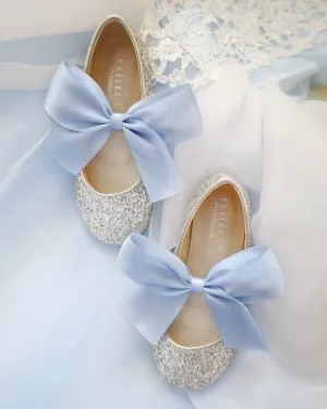 Silver Rock Glitter Mary Jane with Dusty Blue Satin Bow
