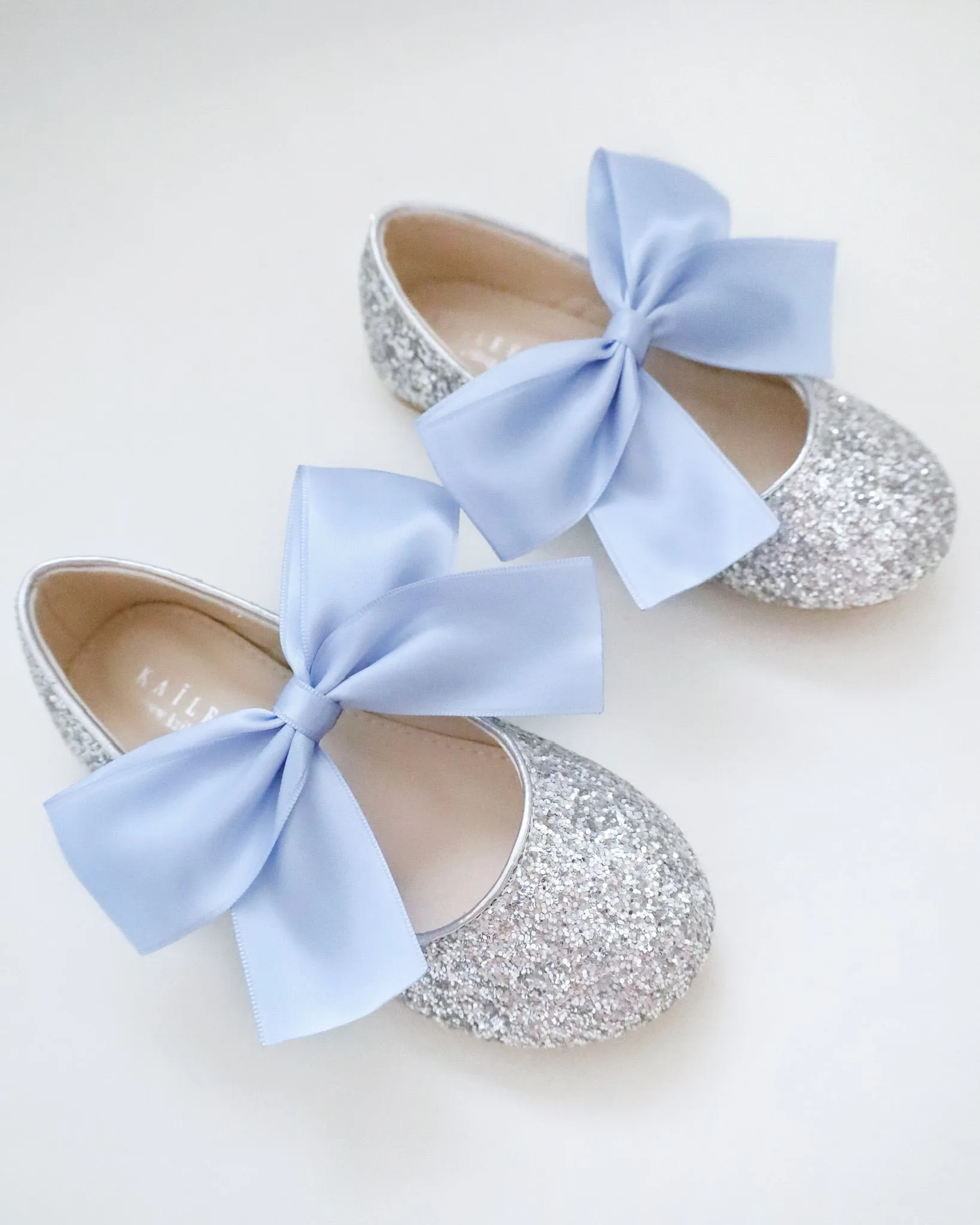 Silver Rock Glitter Mary Jane with Dusty Blue Satin Bow