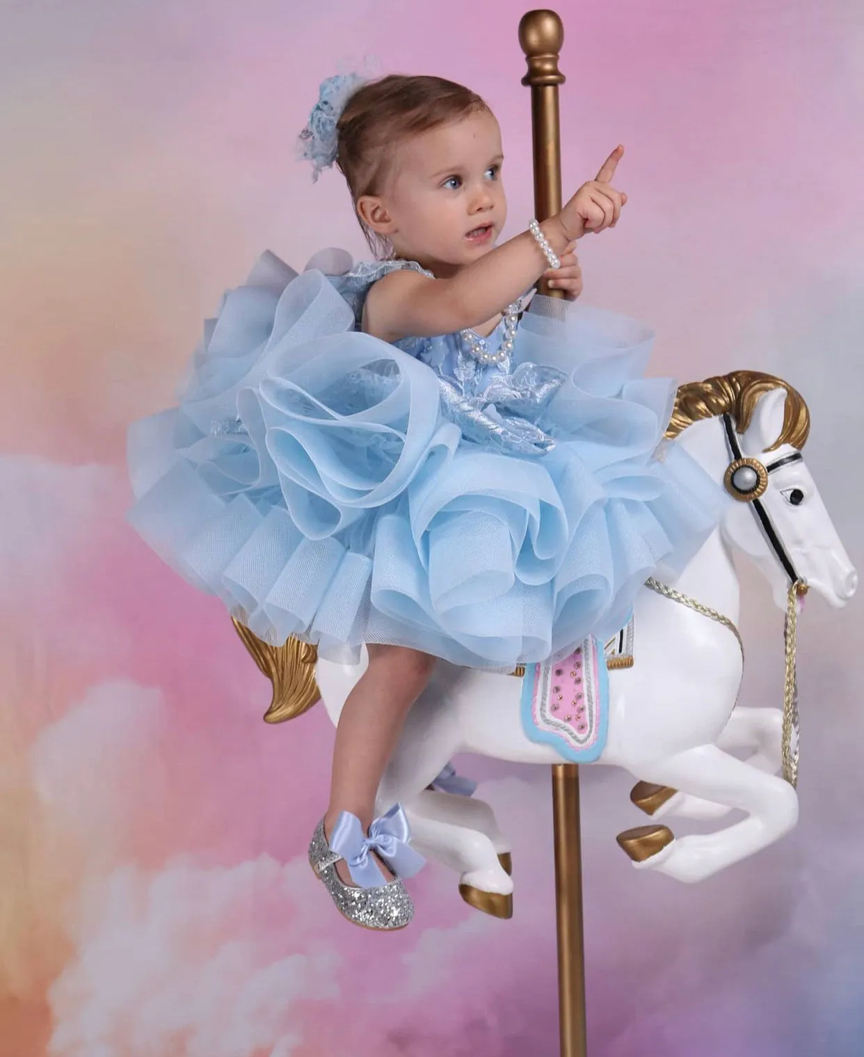 Silver Rock Glitter Mary Jane with Dusty Blue Satin Bow