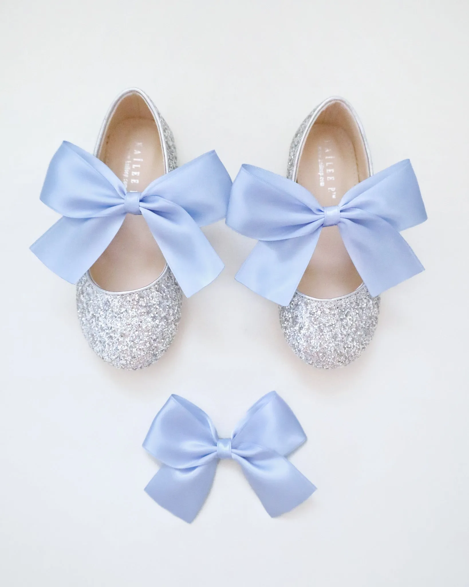Silver Rock Glitter Mary Jane with Dusty Blue Satin Bow