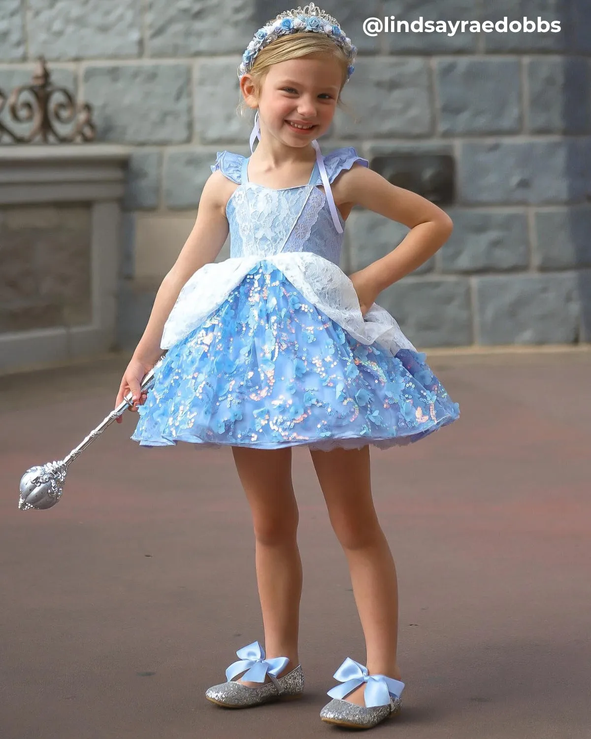 Silver Rock Glitter Mary Jane with Dusty Blue Satin Bow