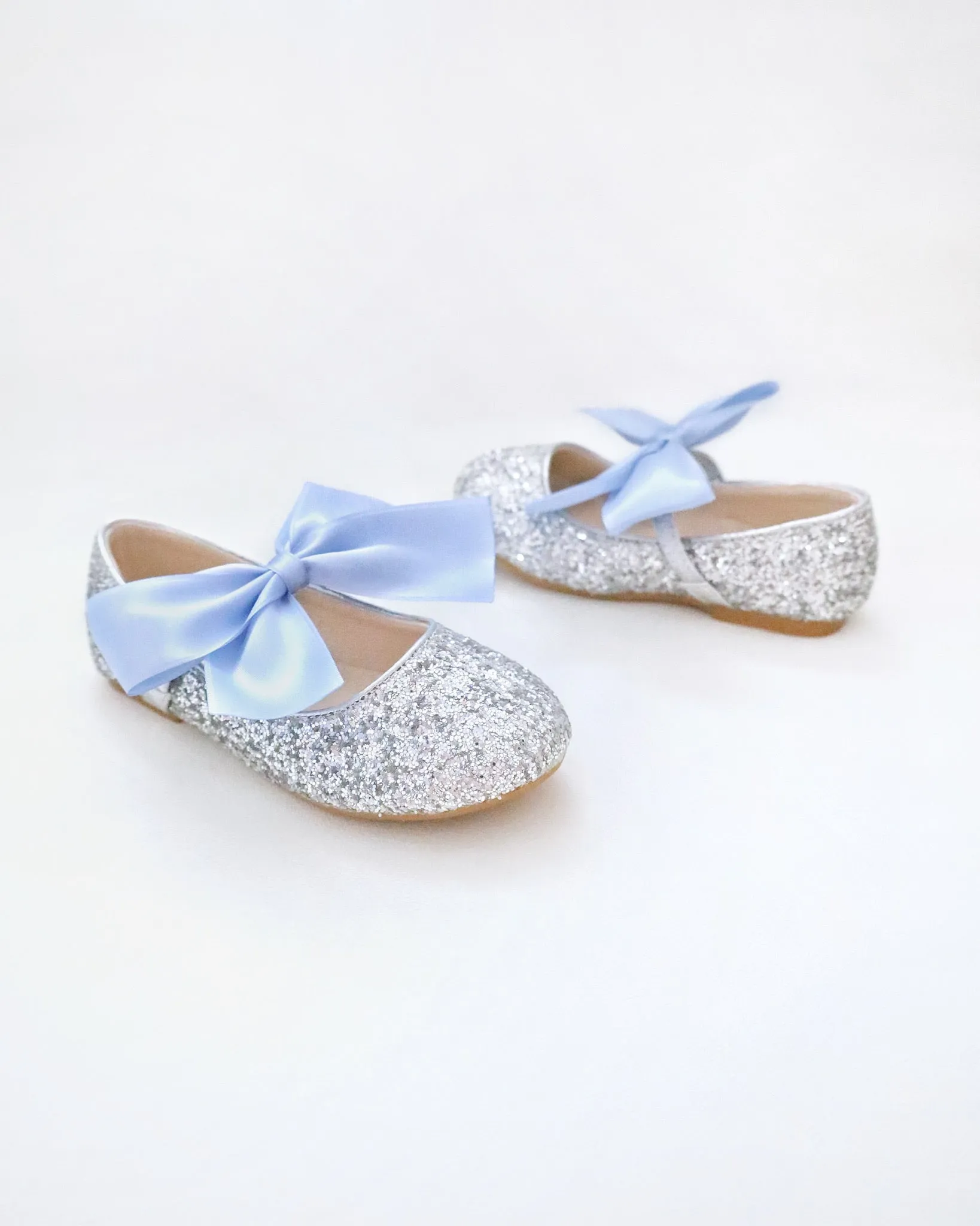 Silver Rock Glitter Mary Jane with Dusty Blue Satin Bow