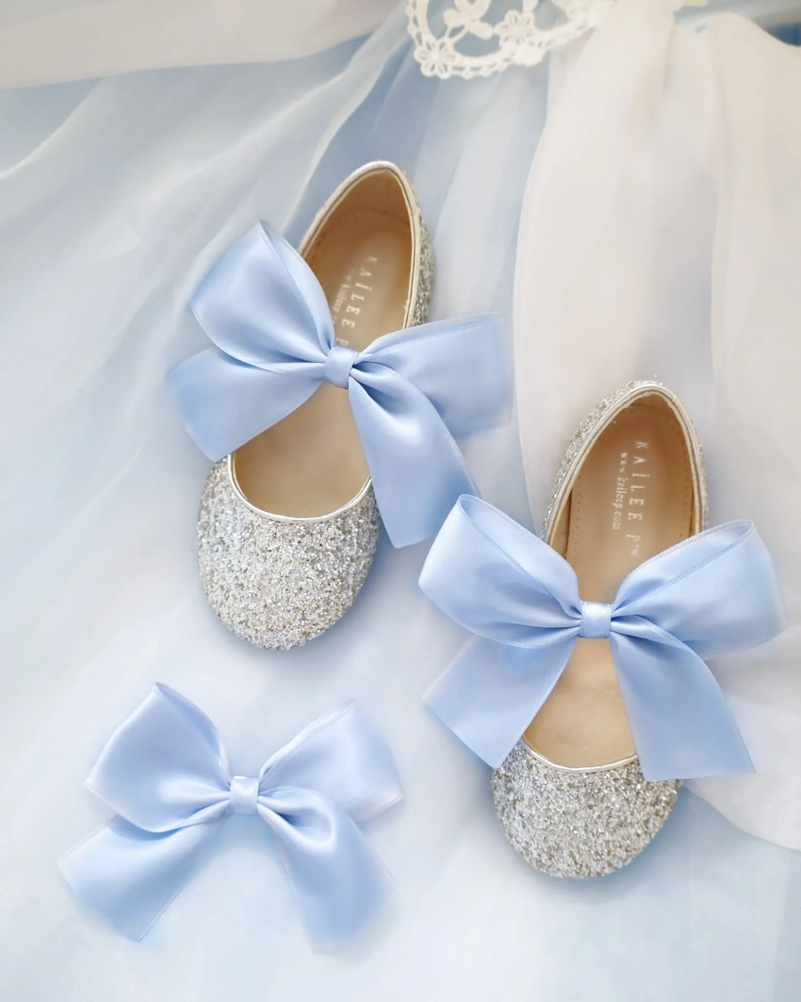 Silver Rock Glitter Mary Jane with Dusty Blue Satin Bow