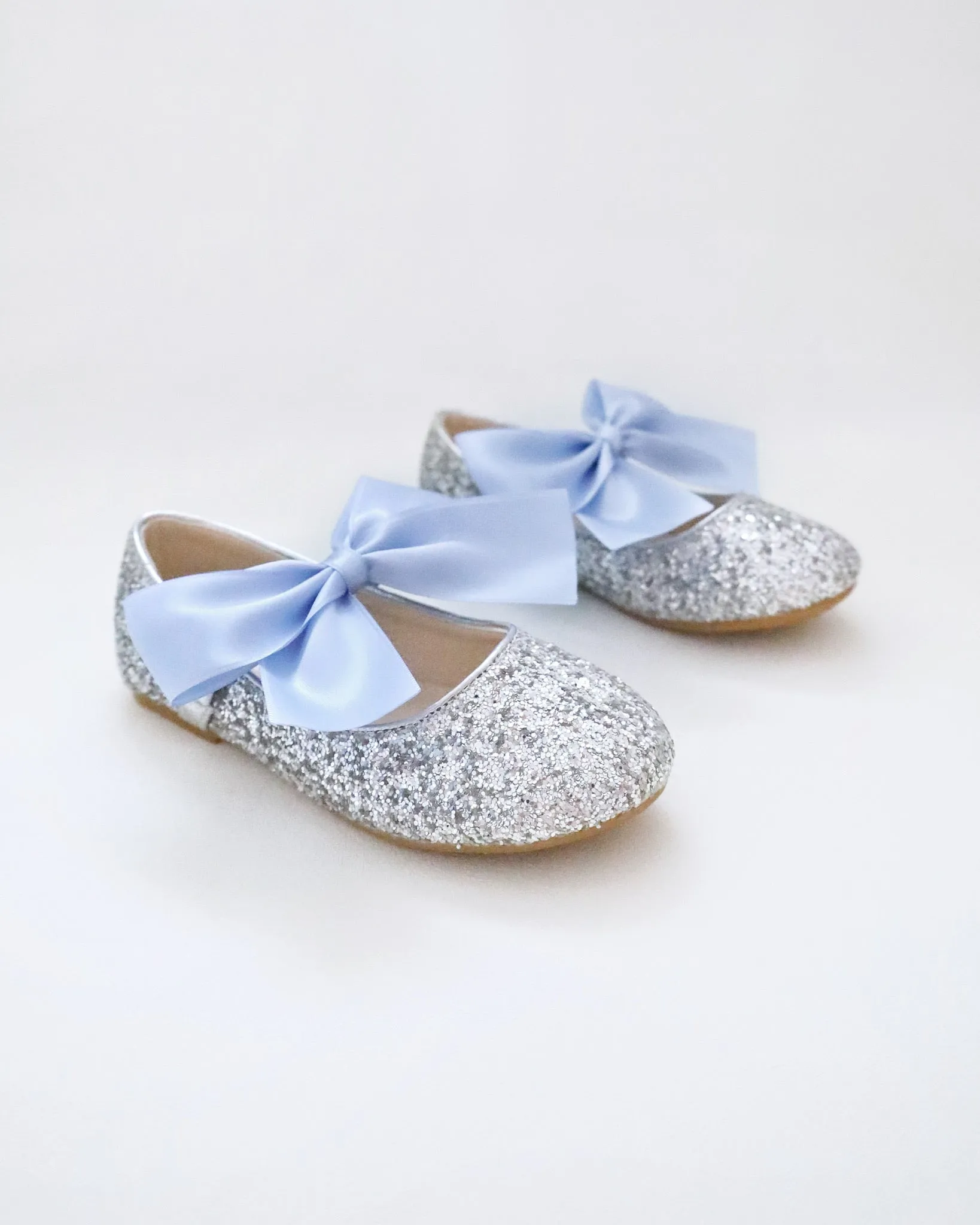 Silver Rock Glitter Mary Jane with Dusty Blue Satin Bow