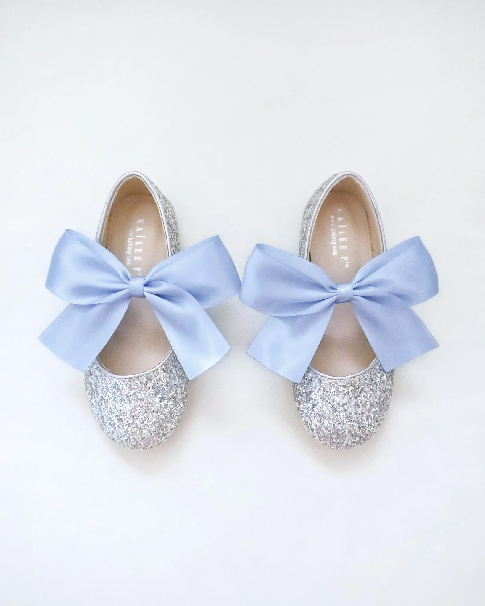 Silver Rock Glitter Mary Jane with Dusty Blue Satin Bow