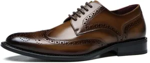 Single Season Dress Oxford Shoes for Men Lace Up Wing Tip Brogue Embossed Round Burnished Toe Leather Non Slip Block Heel Anti-Slip Slip Resistant Business Very Popular Among Young People Light Brown