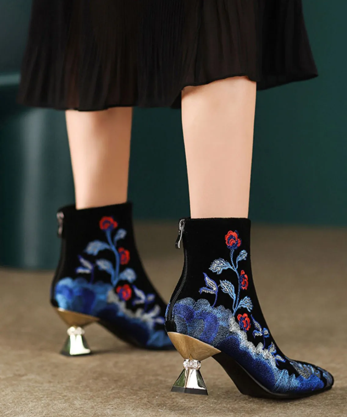 Women Black Embroidered Zippered Suede High Heels RT1072