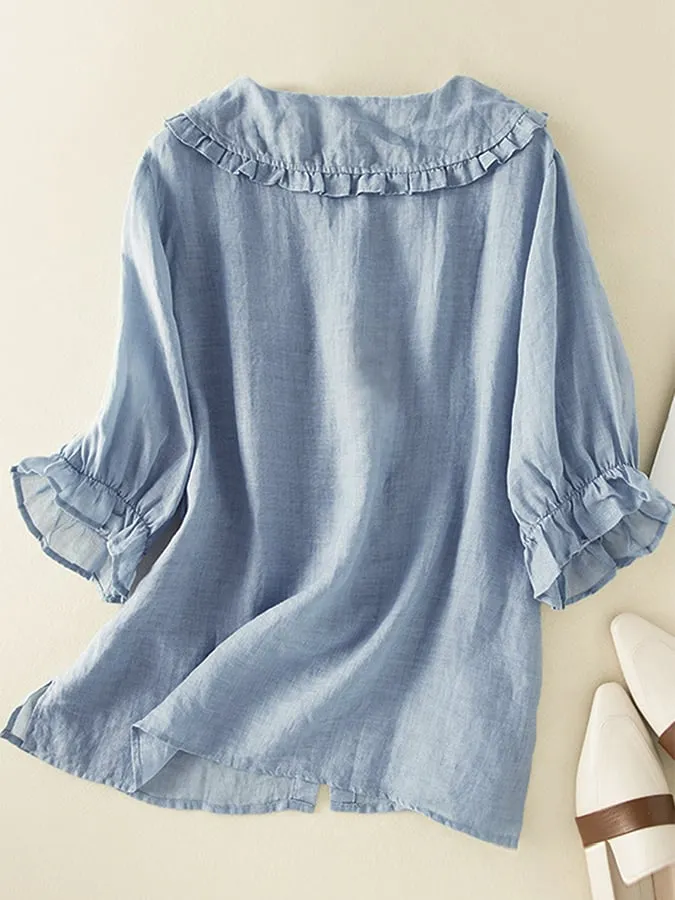Womens Blouse  Cotton Linen Blend  Loose Fit  Ruffle Collar  3/4 Sleeve