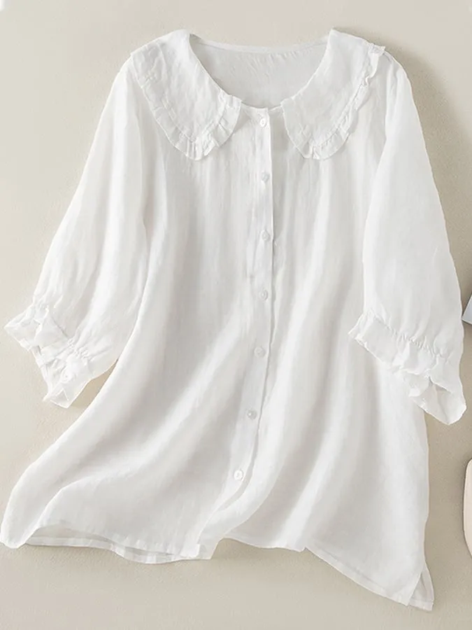 Womens Blouse  Cotton Linen Blend  Loose Fit  Ruffle Collar  3/4 Sleeve