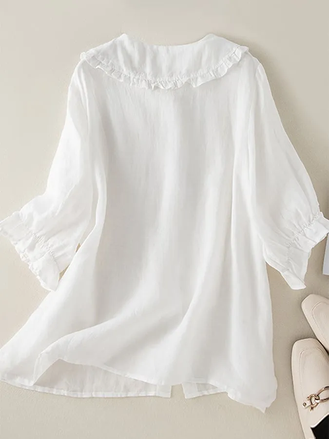 Womens Blouse  Cotton Linen Blend  Loose Fit  Ruffle Collar  3/4 Sleeve