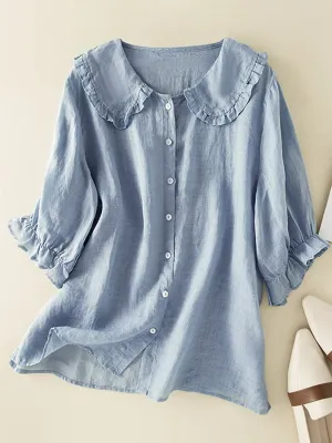 Womens Blouse  Cotton Linen Blend  Loose Fit  Ruffle Collar  3/4 Sleeve