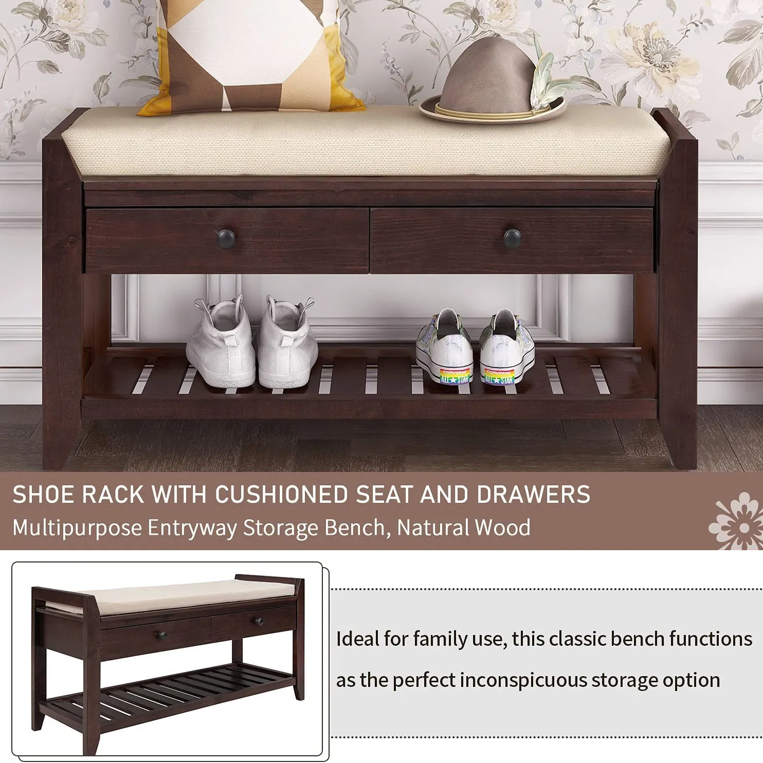 Wood Storage Bench with 2 Drawer Shoe Rack