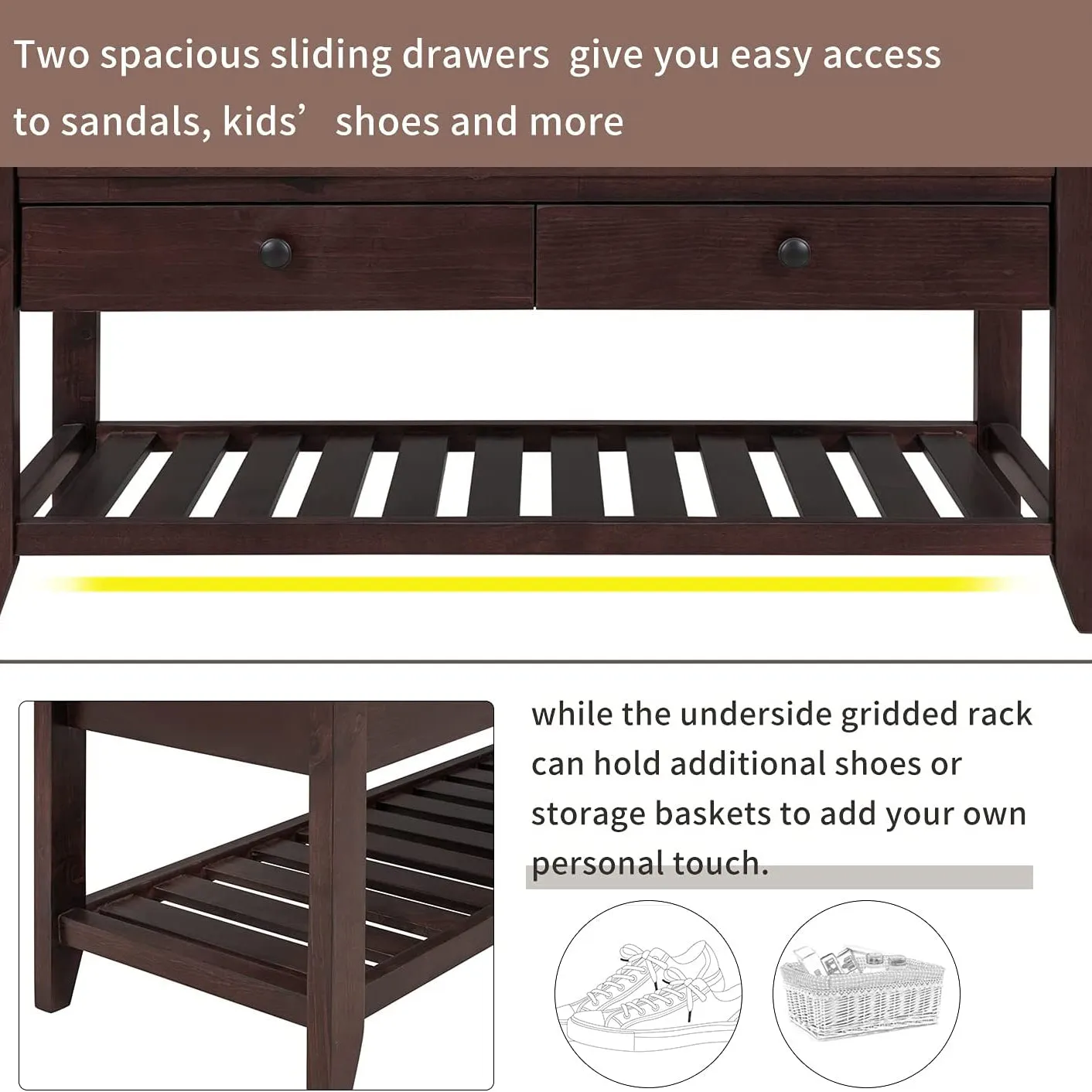 Wood Storage Bench with 2 Drawer Shoe Rack