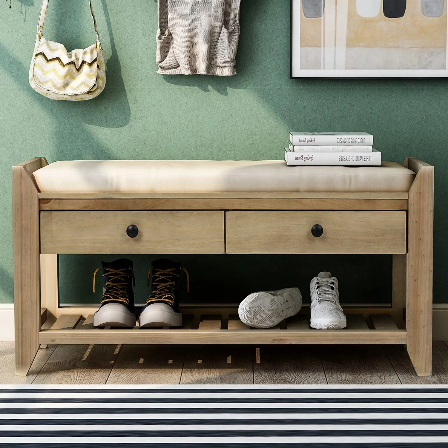 Wood Storage Bench with 2 Drawer Shoe Rack