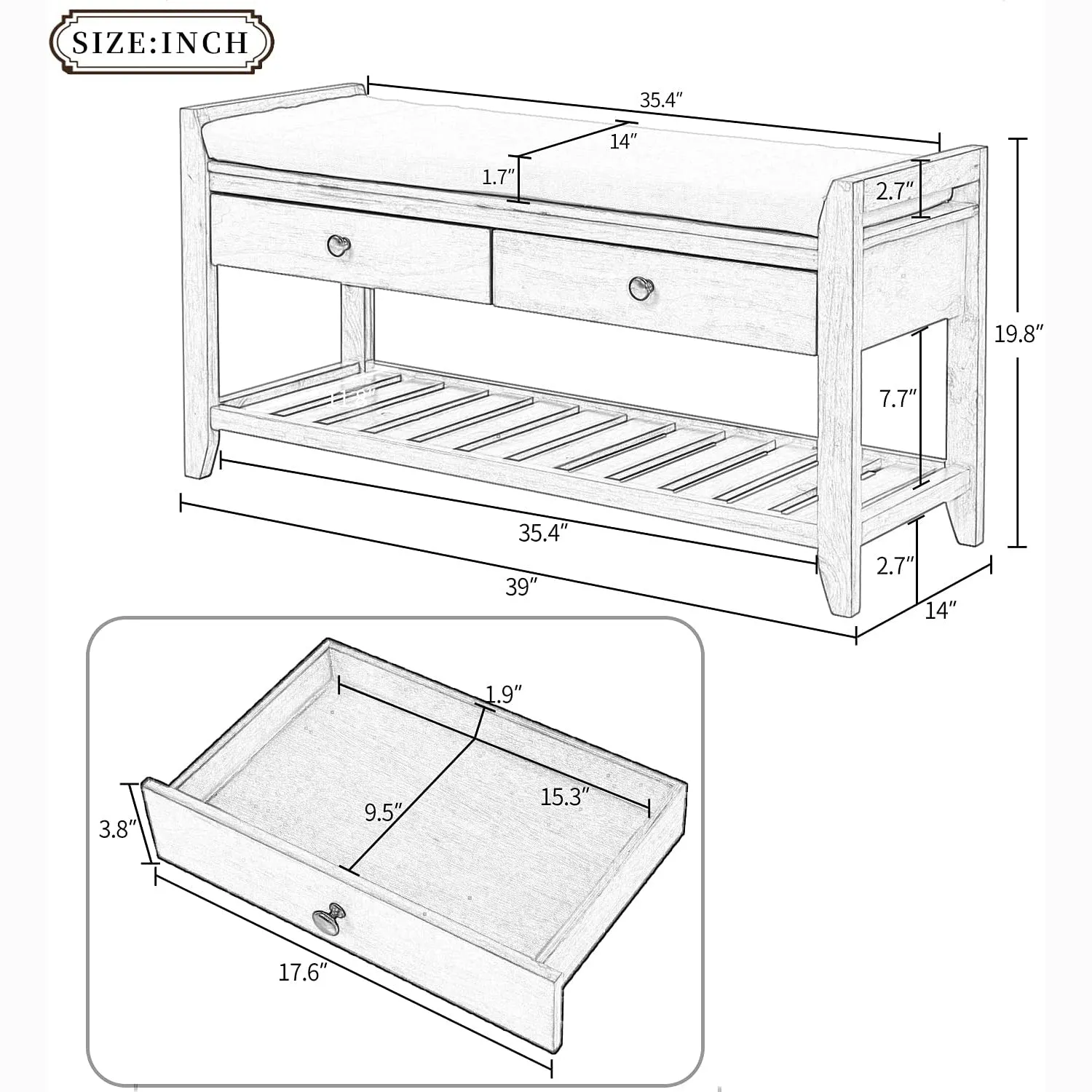 Wood Storage Bench with 2 Drawer Shoe Rack